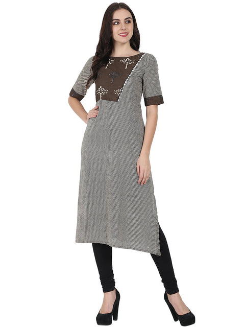 Brown printed half sleeve cotton A-line kurta with yoke design