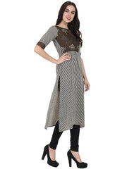 Brown printed half sleeve cotton A-line kurta with yoke design