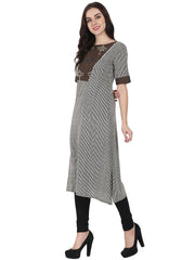 Brown printed half sleeve cotton A-line kurta with yoke design