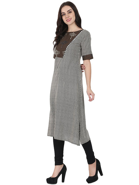 Brown printed half sleeve cotton A-line kurta with yoke design