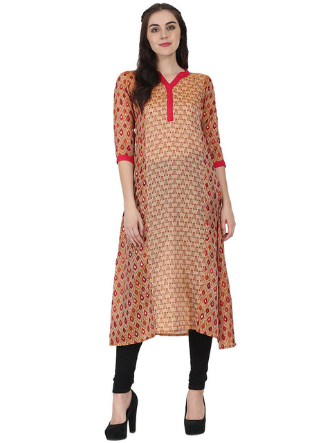 Gold printed 3/4th sleeve Chandri A-line kurta