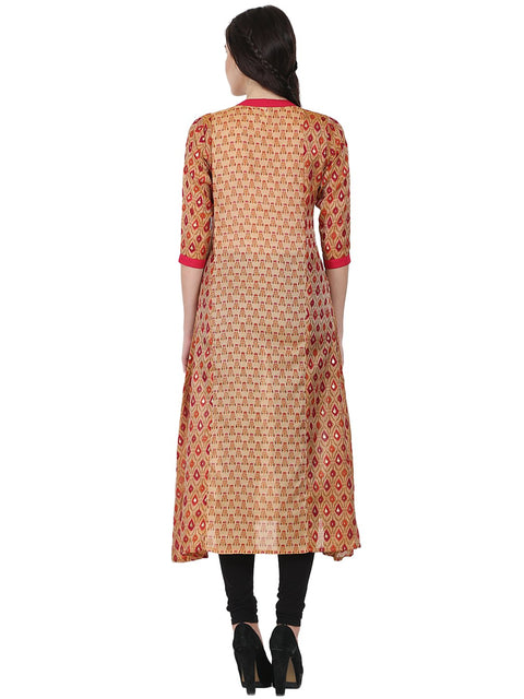 Gold printed 3/4th sleeve Chandri A-line kurta
