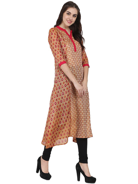 Gold printed 3/4th sleeve Chandri A-line kurta