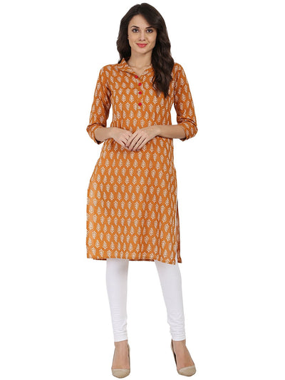 Mustard printed 3/4th sleeve Cotton Kurta with button work at yoke
