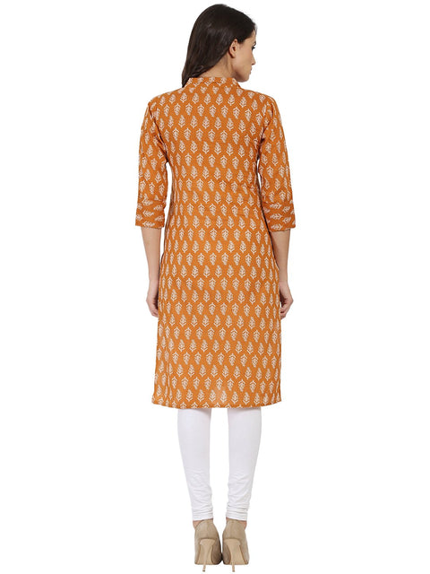 Mustard printed 3/4th sleeve Cotton Kurta with button work at yoke