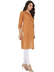 Mustard printed 3/4th sleeve Cotton Kurta with button work at yoke