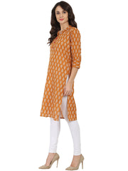 Mustard printed 3/4th sleeve Cotton Kurta with button work at yoke