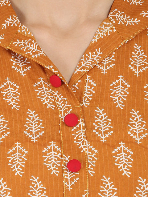 Mustard printed 3/4th sleeve Cotton Kurta with button work at yoke