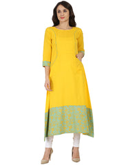 Yellow printed 3/4th sleeve cotton A-line kurta