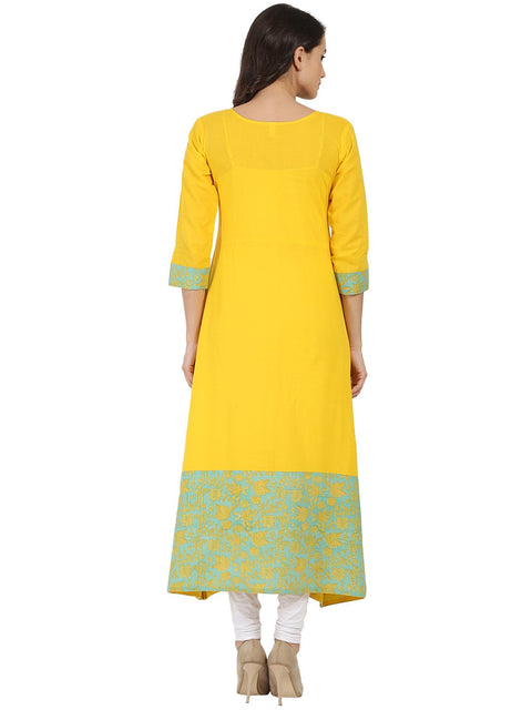 Yellow printed 3/4th sleeve cotton A-line kurta