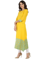 Yellow printed 3/4th sleeve cotton A-line kurta