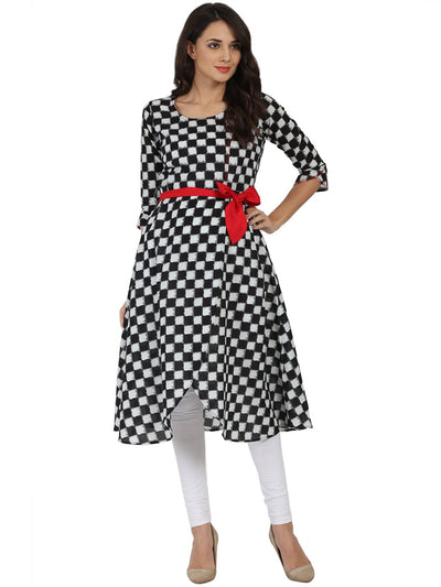 Black printed 3/4th sleeve cotton A-line kurta