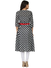 Black printed 3/4th sleeve cotton A-line kurta