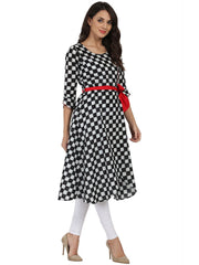 Black printed 3/4th sleeve cotton A-line kurta