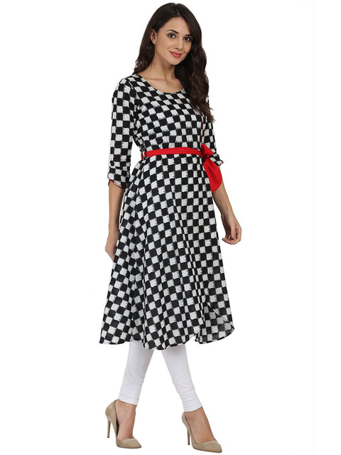 Black printed 3/4th sleeve cotton A-line kurta