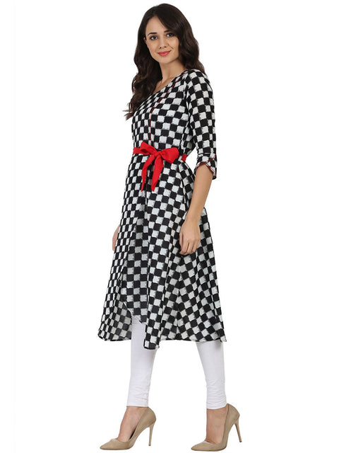 Black printed 3/4th sleeve cotton A-line kurta
