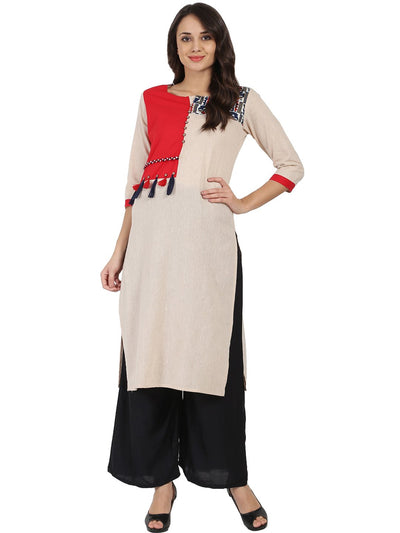 Off white 3/4th sleeve south cotton chemary straight kurta with designed yoke