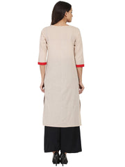 Off white 3/4th sleeve south cotton chemary straight kurta with designed yoke
