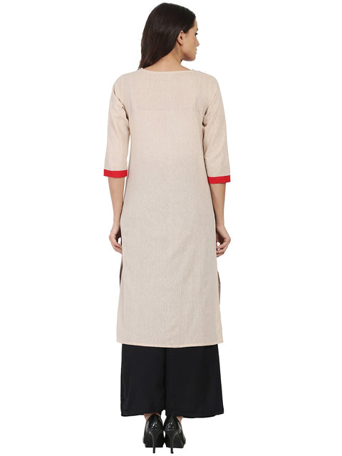 Off white 3/4th sleeve south cotton chemary straight kurta with designed yoke