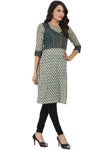 Green printed 3/4th sleeve cotton kurta