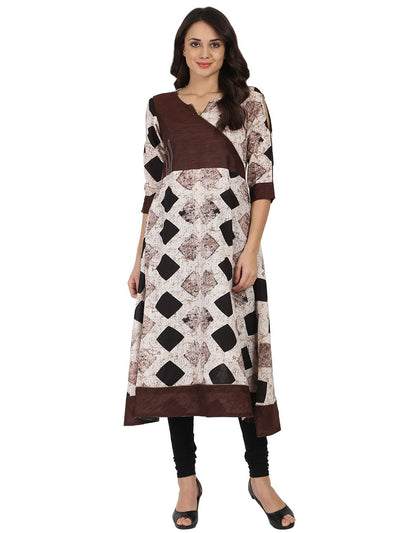 Black printed 3/4th sleeve cotton slub Angrakha kurta