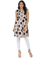 Black printed sleeveless cotton A-line kurta