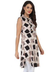 Black printed sleeveless cotton A-line kurta