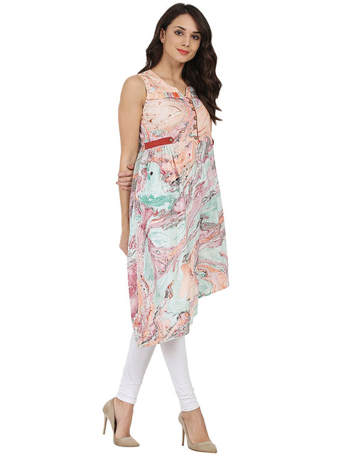 Multi printed 3/4th sleeve cotton marble  kurta with yoke design