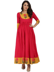 Pink 3/4th sleeve cotton Long Anarkali kurta with printed yoke