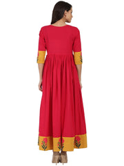 Pink 3/4th sleeve cotton Long Anarkali kurta with printed yoke