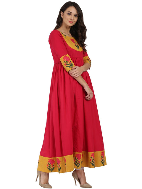 Pink 3/4th sleeve cotton Long Anarkali kurta with printed yoke