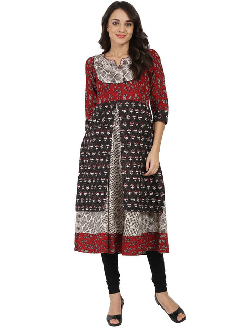 Black printed 3/4th sleeve double layer cotton Anarkali kurta