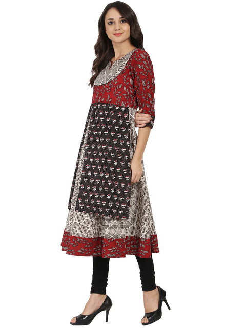 Black printed 3/4th sleeve double layer cotton Anarkali kurta