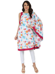 White printed one side sleeve Rayon flared kaftan kurta