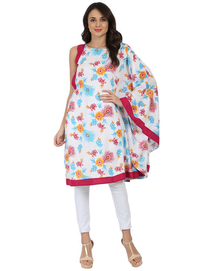 White printed one side sleeve Rayon flared kaftan kurta