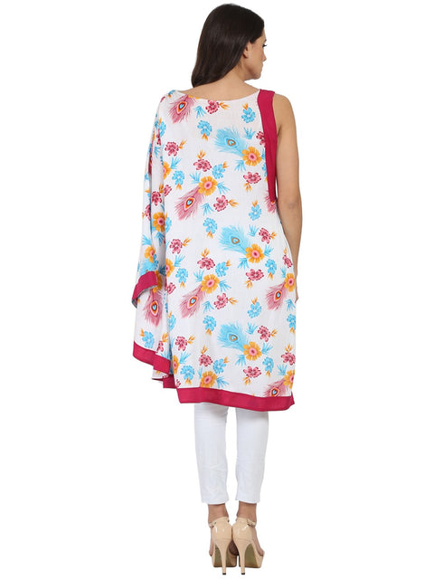 White printed one side sleeve Rayon flared kaftan kurta