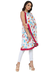 White printed one side sleeve Rayon flared kaftan kurta