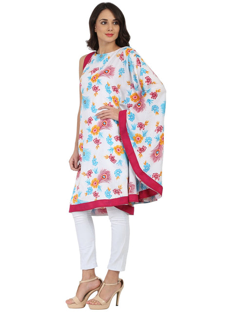 White printed one side sleeve Rayon flared kaftan kurta