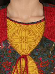 Yellow printed 3/4th sleeve Rayon Anarkali kurta with Blue printed Jacket