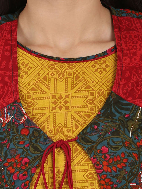 Yellow printed 3/4th sleeve Rayon Anarkali kurta with Blue printed Jacket