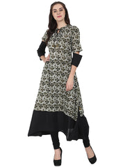 Black printed half sleeve cotton A-line kurta