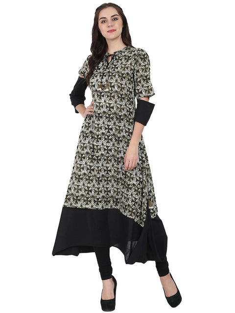 Black printed half sleeve cotton A-line kurta