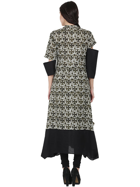Black printed half sleeve cotton A-line kurta