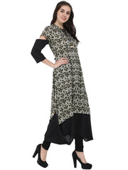 Black printed half sleeve cotton A-line kurta