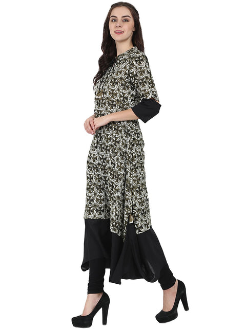 Black printed half sleeve cotton A-line kurta