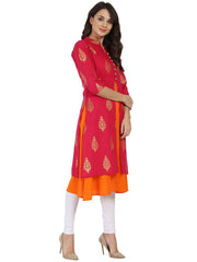 Red and orange printed 3/4th sleeve double layer cotton kurta