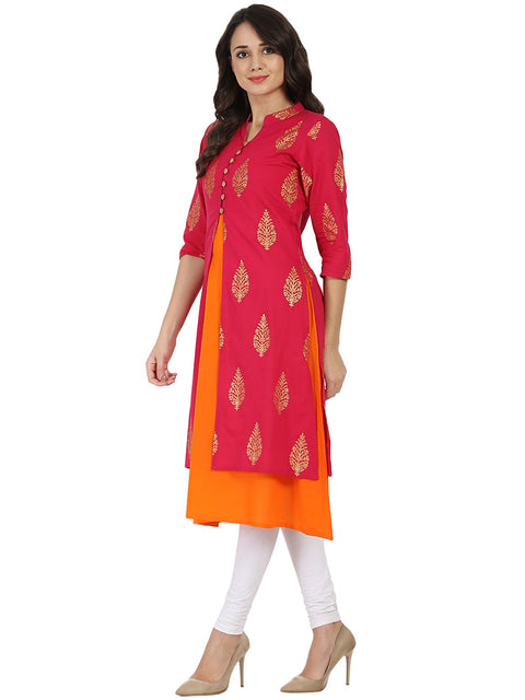 Red and orange printed 3/4th sleeve double layer cotton kurta