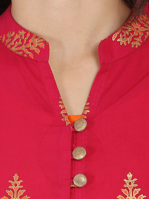 Red and orange printed 3/4th sleeve double layer cotton kurta