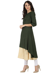 Green & off white 3/4th sleeve rayon double layer A-line kurta