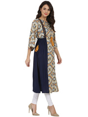 Blue printed 3/4th sleeve rayon Anarkali kurta with embroidery work